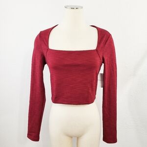 Beyond Yoga Rosewood Heather Rib Frame Cropped Pullover dark red size medium NEW
